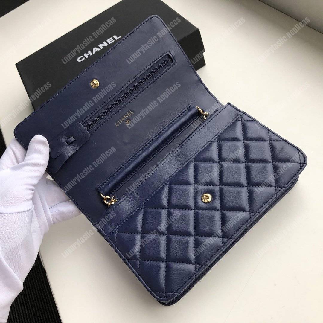 Ch*el wallet on chain – woc quilted lambskin dark blue gold-toned