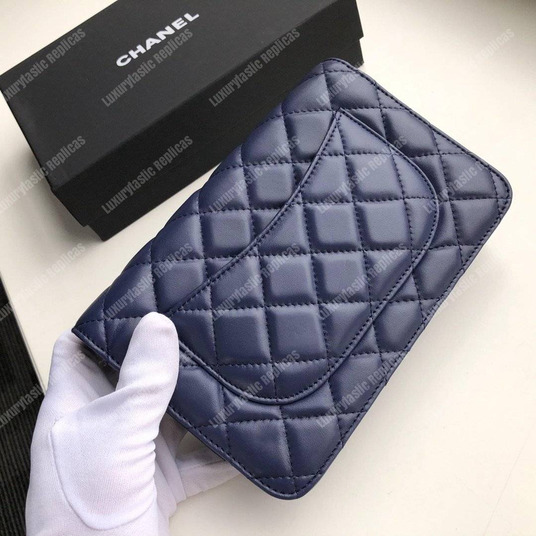 Ch*el wallet on chain – woc quilted lambskin dark blue gold-toned