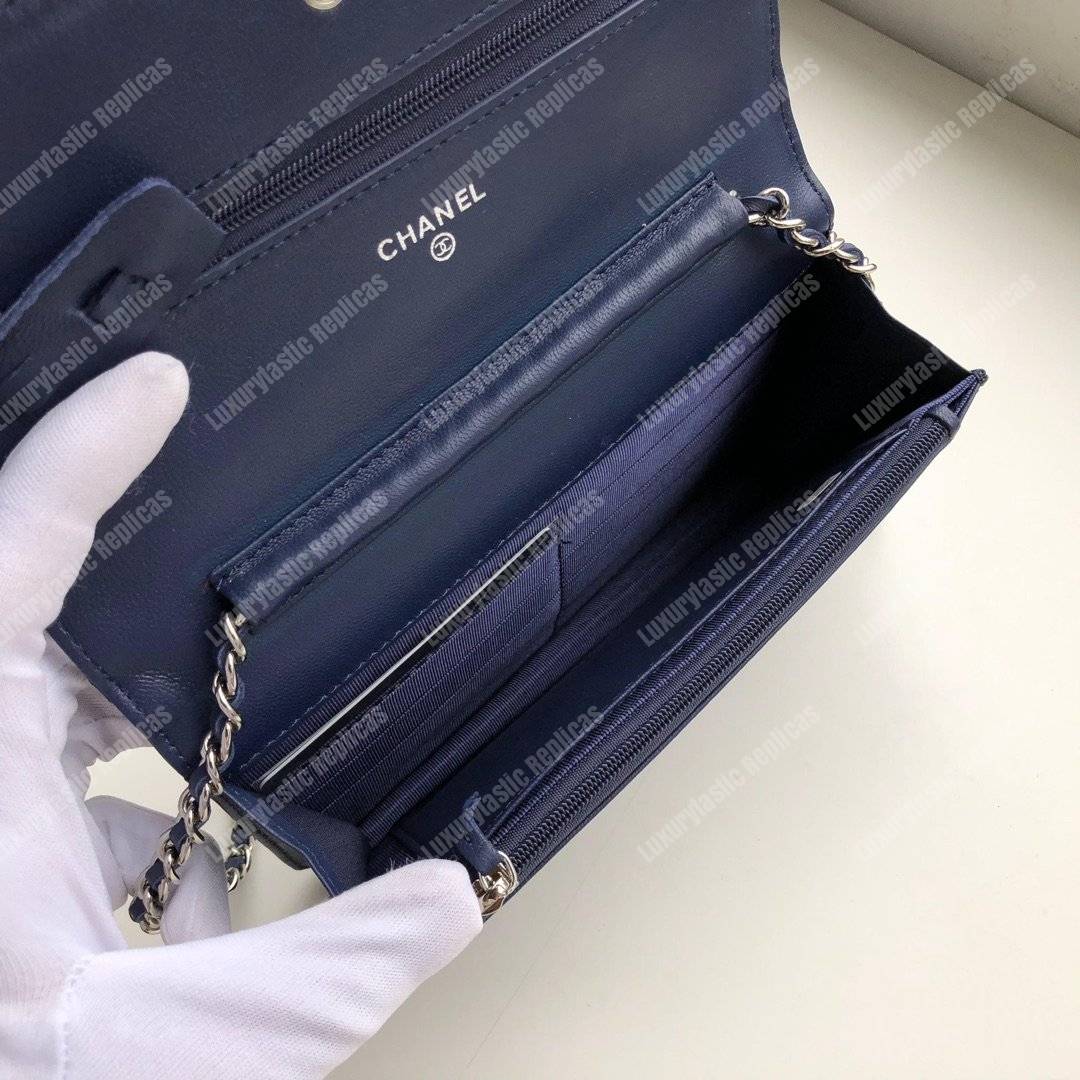 Ch*el wallet on chain – woc quilted lambskin dark blue silver-toned