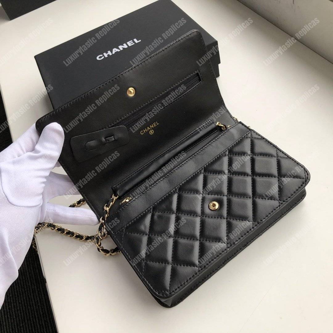 Ch*el wallet on chain – woc quilted lambskin black gold-toned