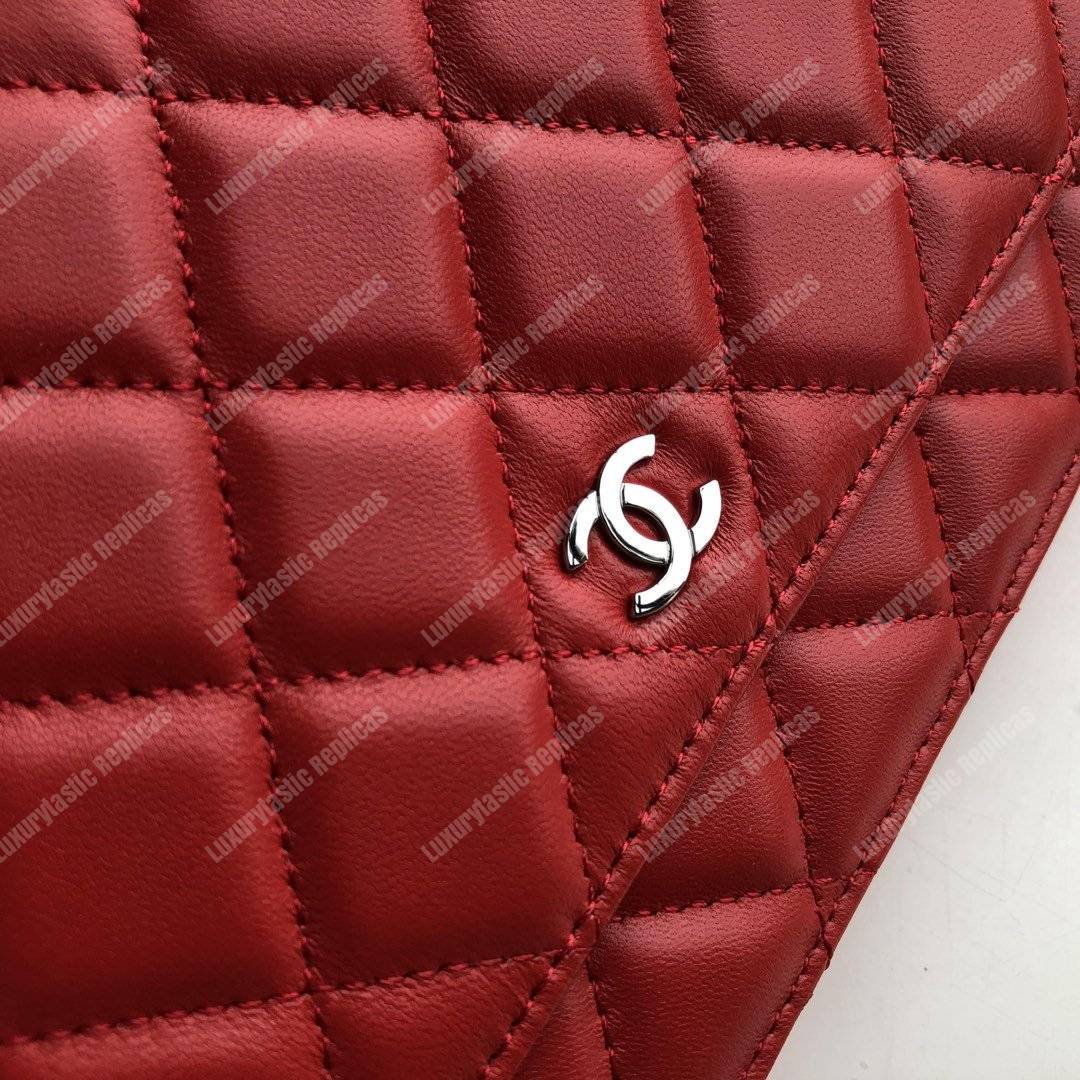 Ch*el wallet on chain – woc quilted lambskin red silver-toned