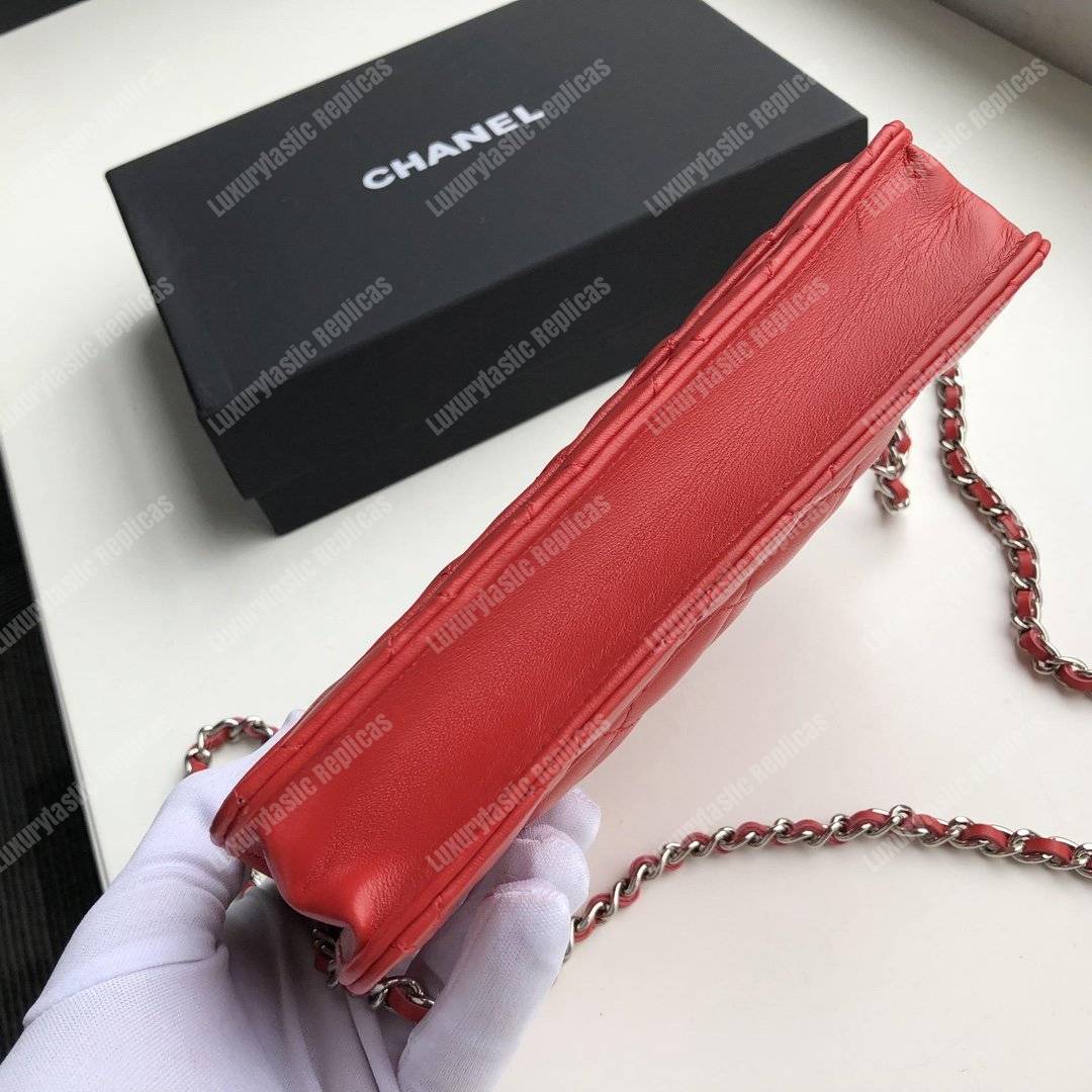 Ch*el wallet on chain – woc quilted lambskin red silver-toned
