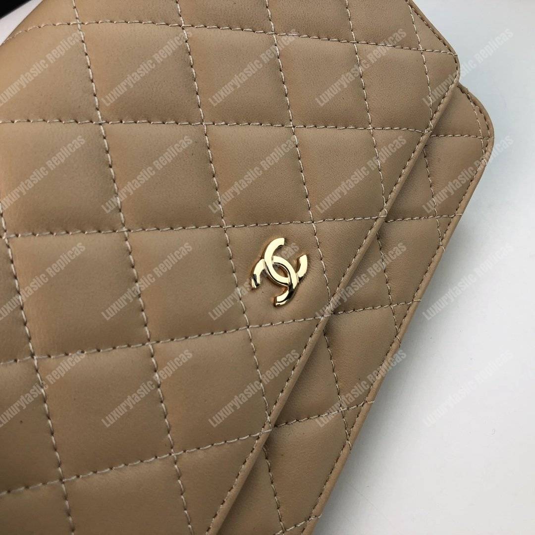 Ch*el wallet on chain – woc quilted lambskin beige gold-toned