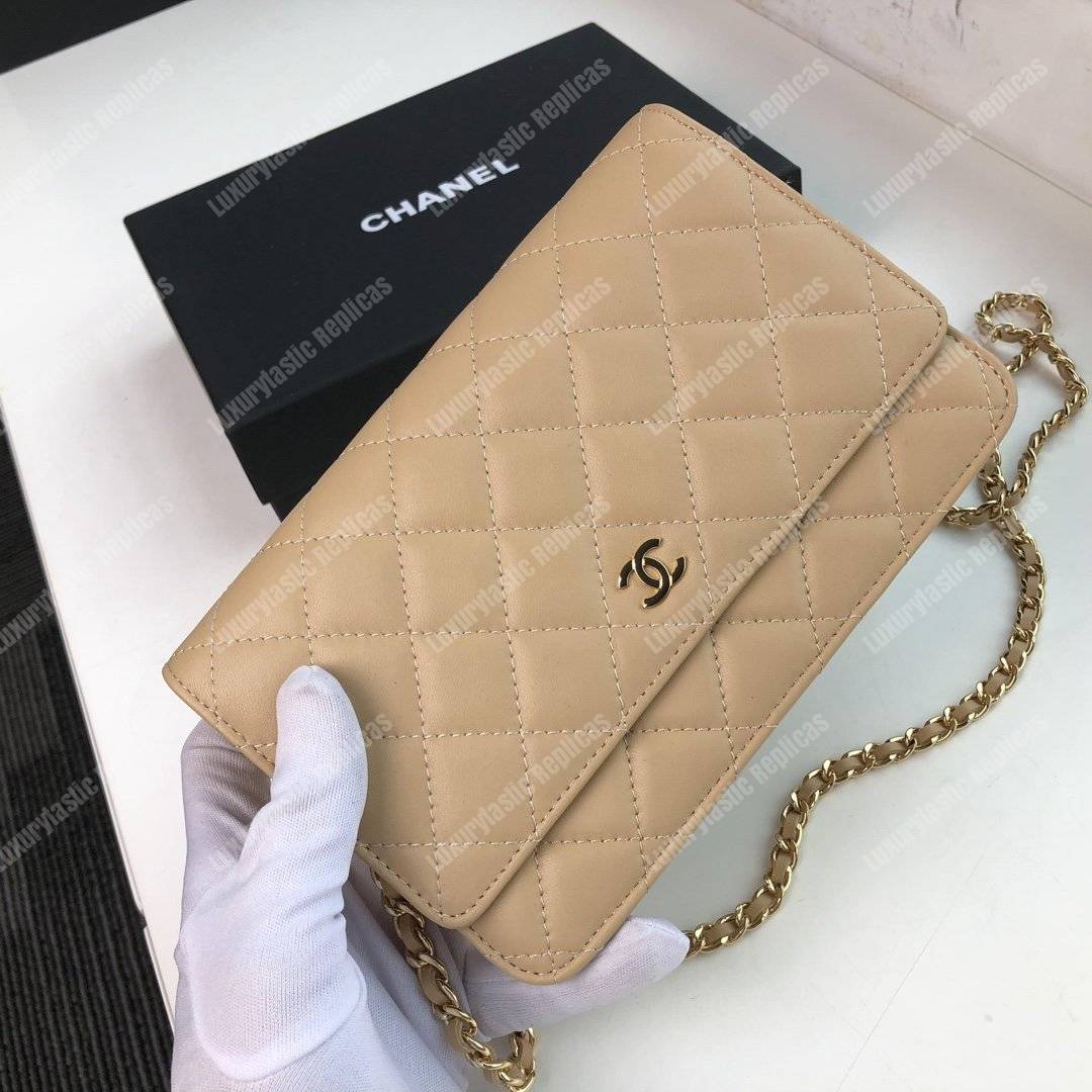 Ch*el wallet on chain – woc quilted lambskin beige gold-toned