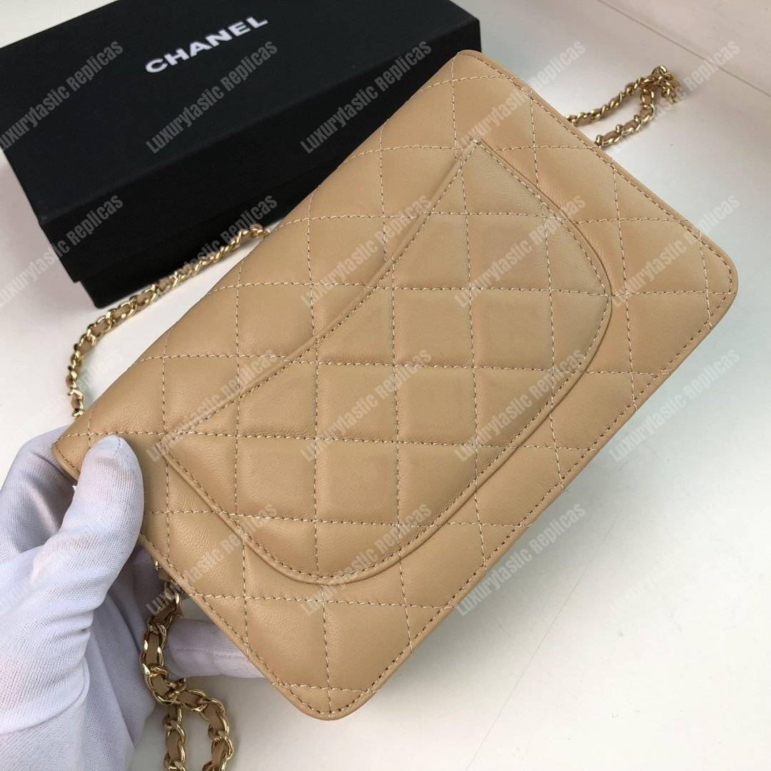 Ch*el wallet on chain – woc quilted lambskin beige gold-toned