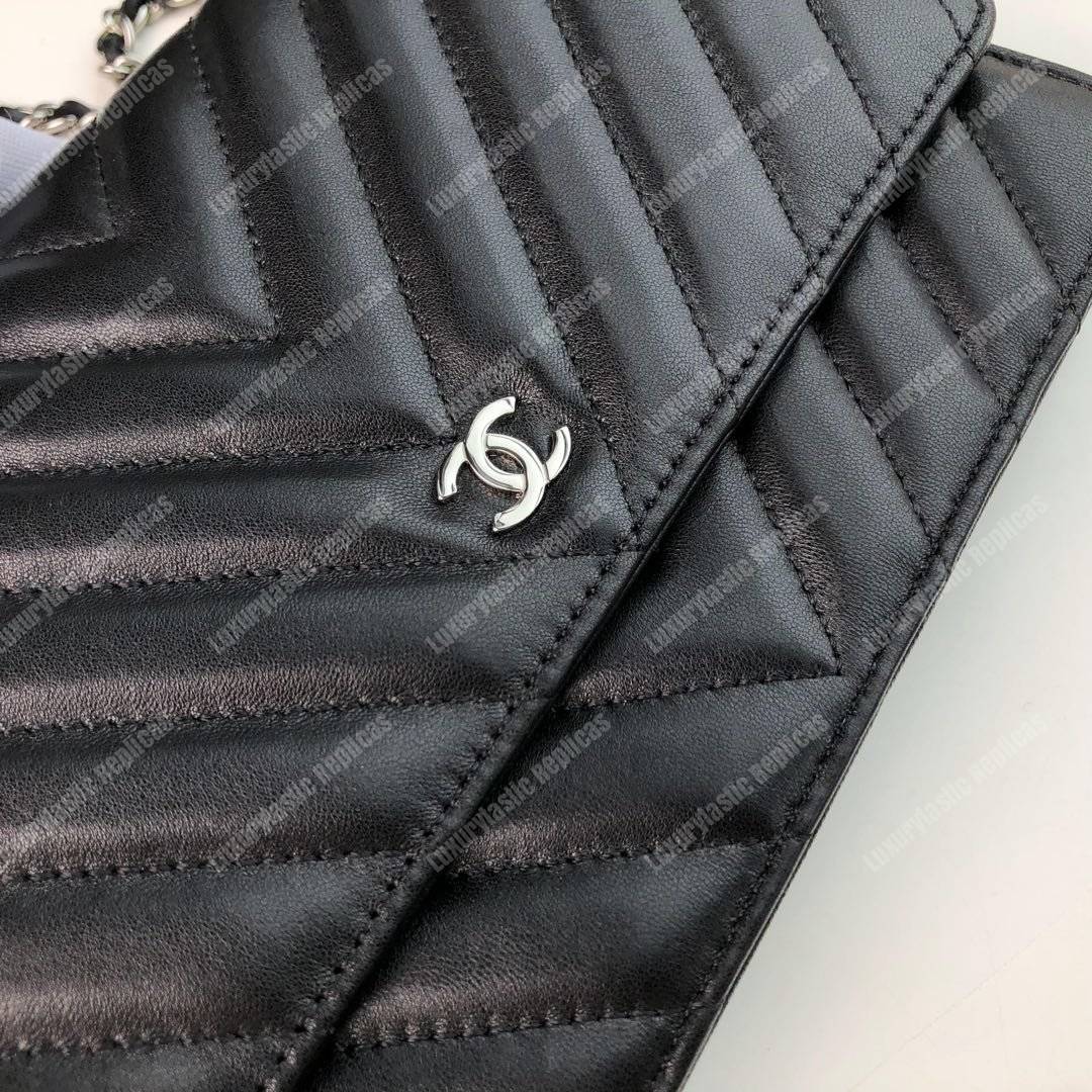 Ch*el wallet on chain – woc chevron lambskin black silver-toned