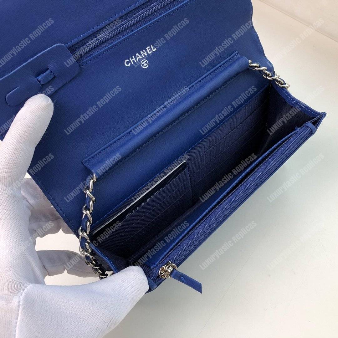 Ch*el wallet on chain – woc chevron lambskin blue silver-toned