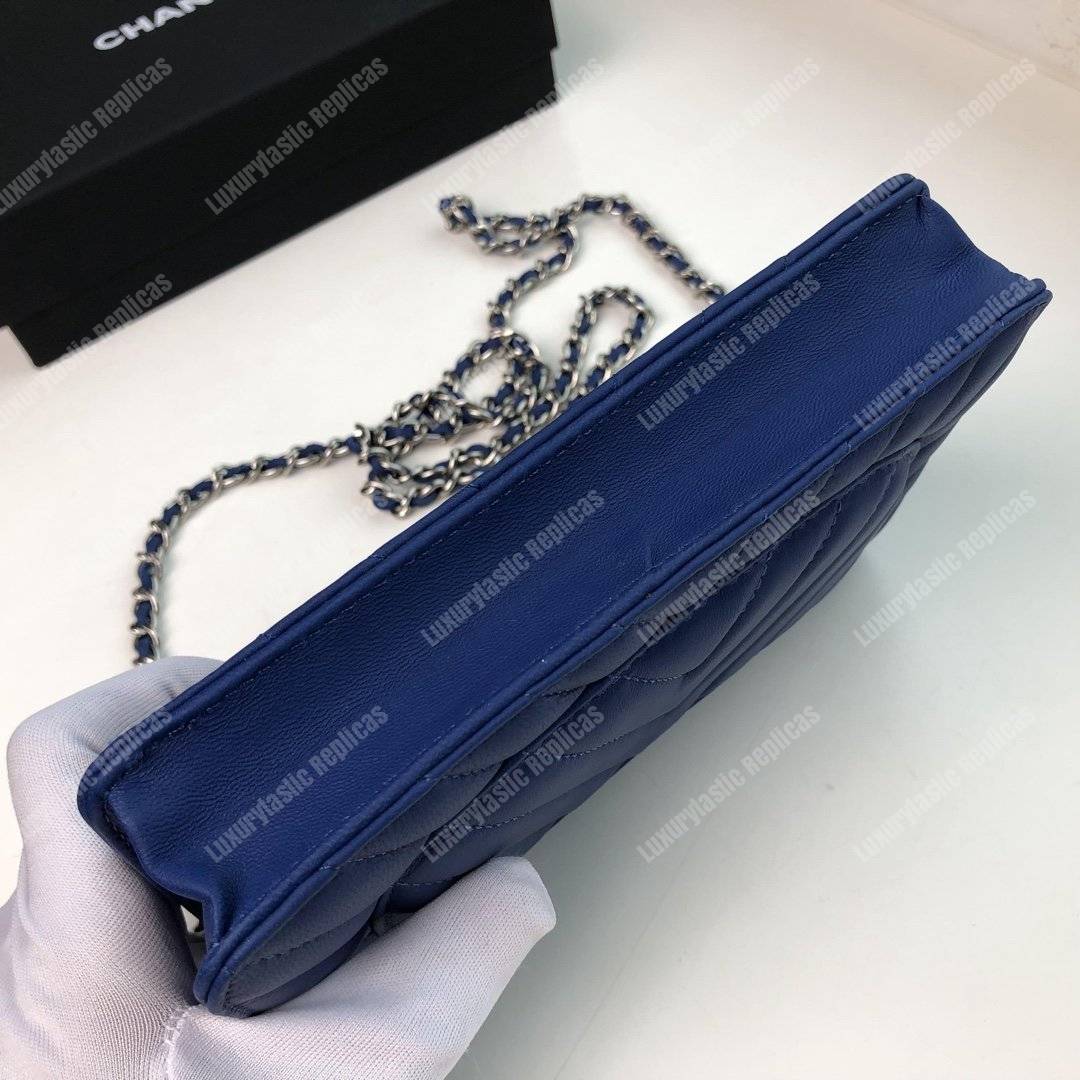 Ch*el wallet on chain – woc chevron lambskin blue silver-toned