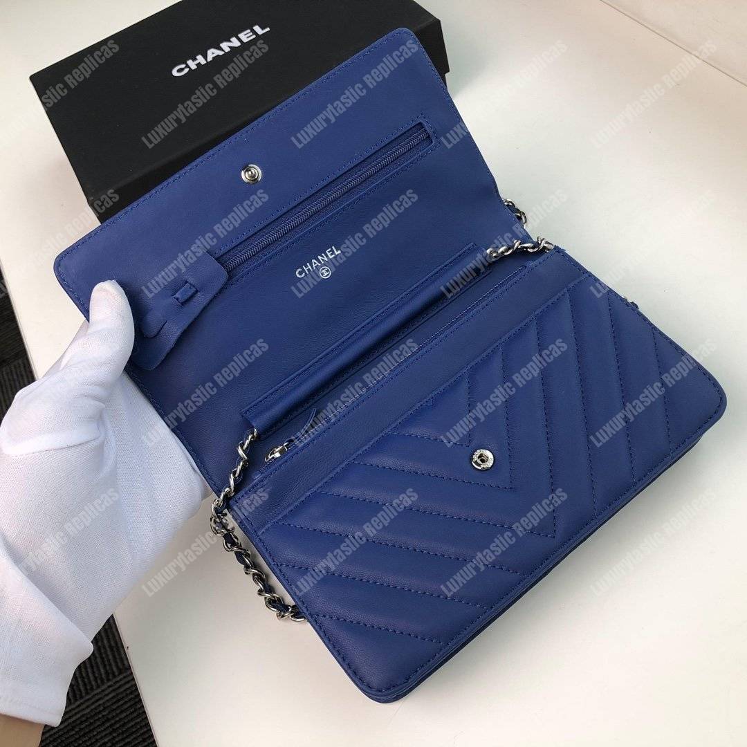Ch*el wallet on chain – woc chevron lambskin blue silver-toned