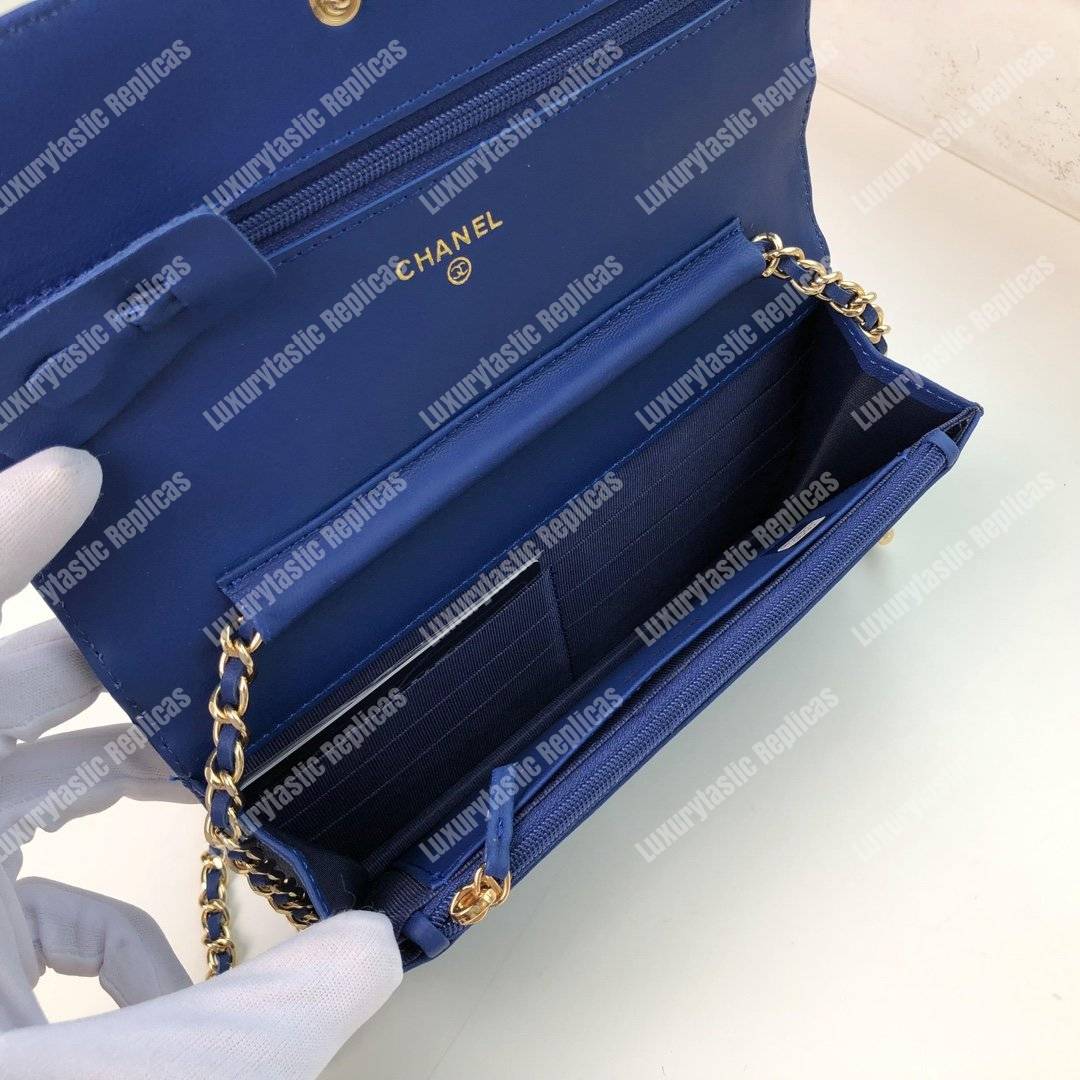 Ch*el wallet on chain – woc chevron lambskin blue gold-toned