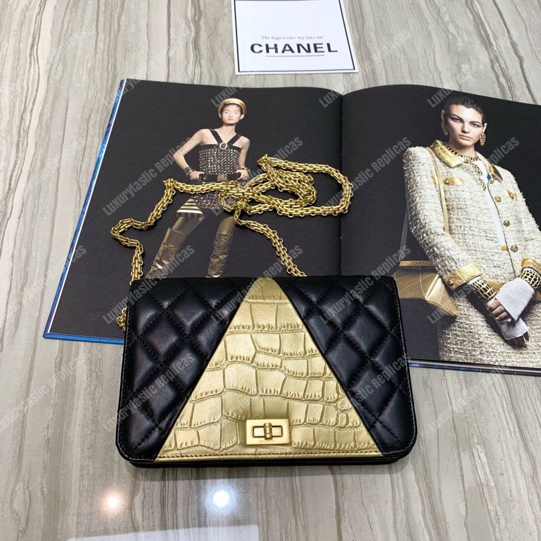 Ch*el wallet on chain – woc lambskin & crocodile-embossed leather egyptian