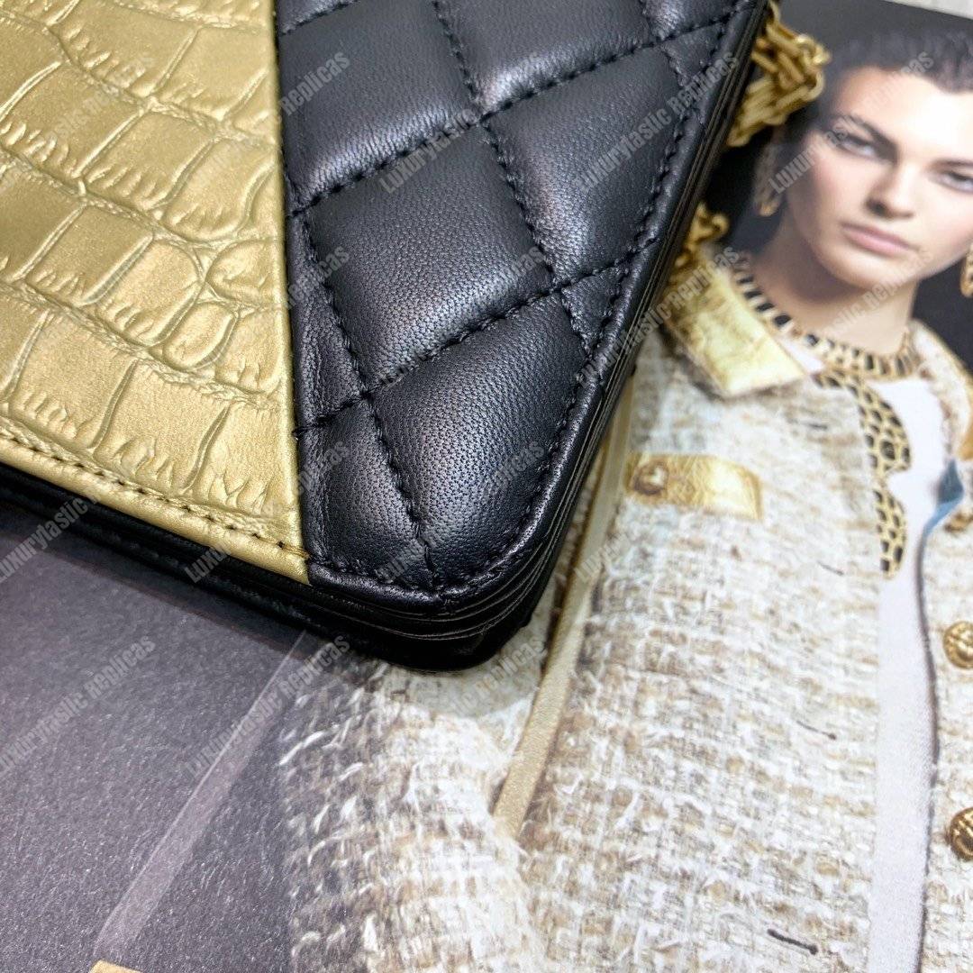 Ch*el wallet on chain – woc lambskin & crocodile-embossed leather egyptian