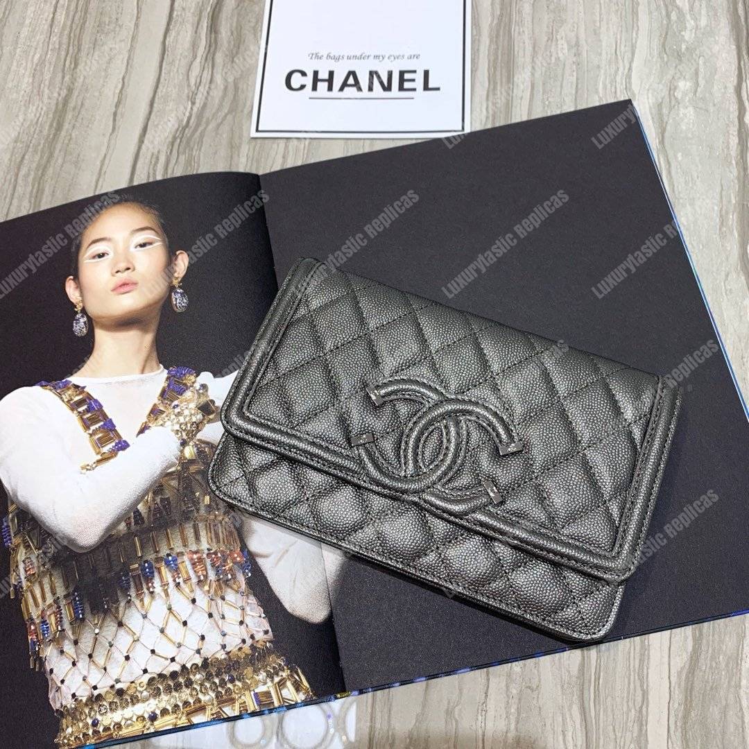 Ch*el wallet on chain – woc cc filigree grey grained calfskin