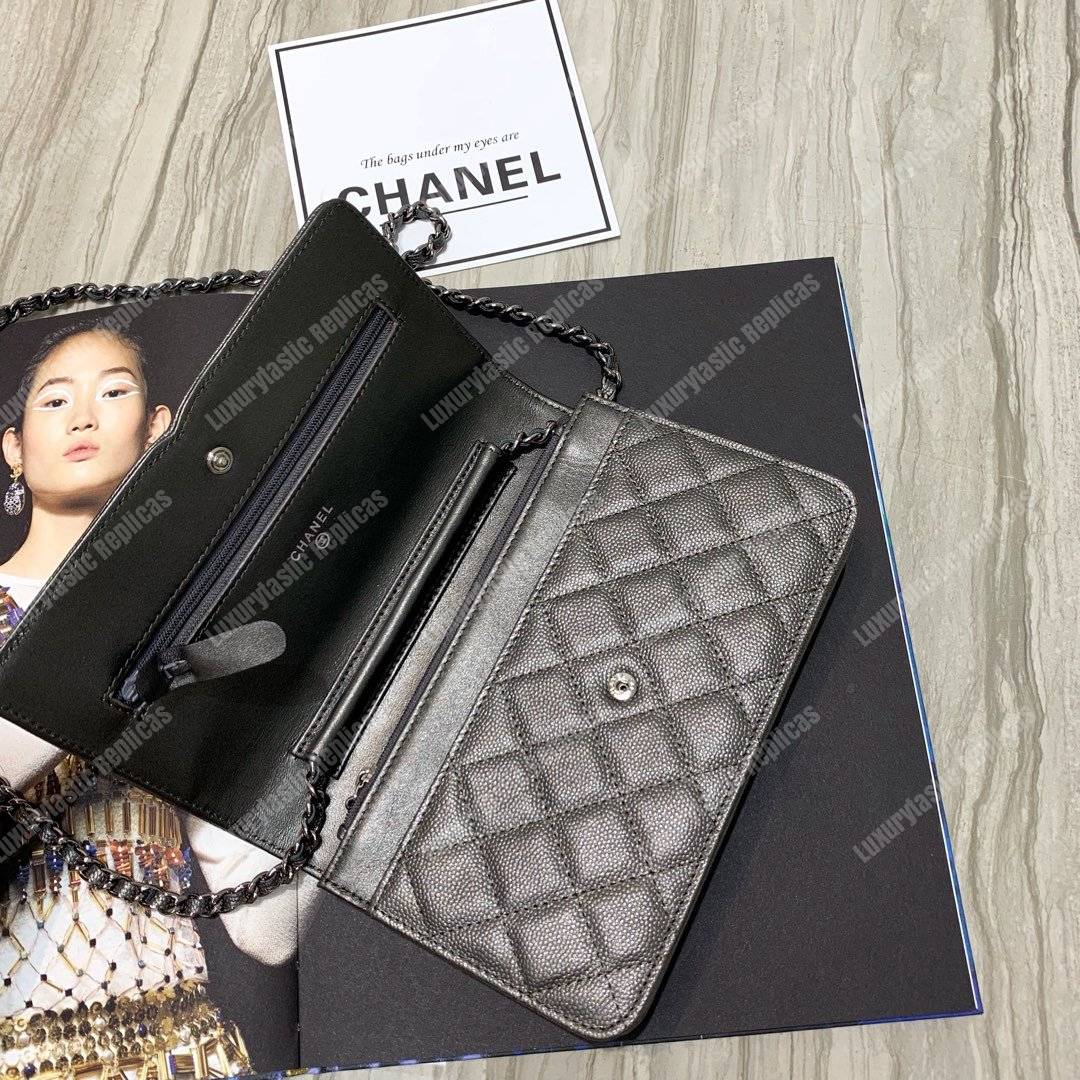 Ch*el wallet on chain – woc cc filigree grey grained calfskin