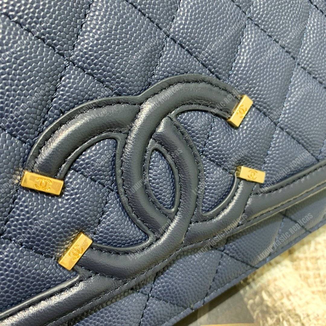 Ch*el wallet on chain – woc cc filigree dark blue grained calfskin