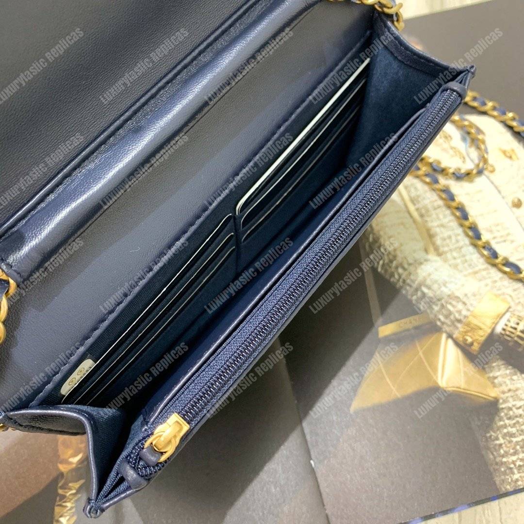 Ch*el wallet on chain – woc cc filigree dark blue grained calfskin
