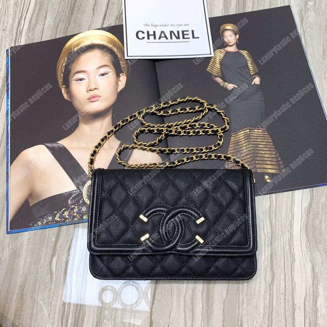 Ch*el wallet on chain – woc cc filigree black grained calfskin