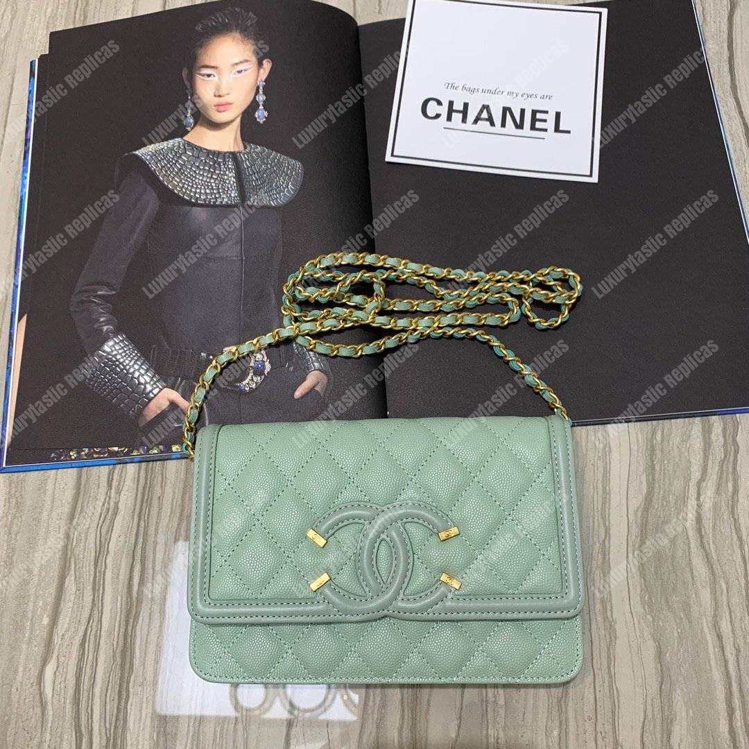 Ch*el wallet on chain – woc cc filigree seafoam green grained calfskin