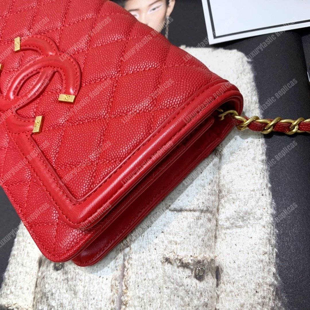 Ch*el wallet on chain – woc cc filigree red grained calfskin