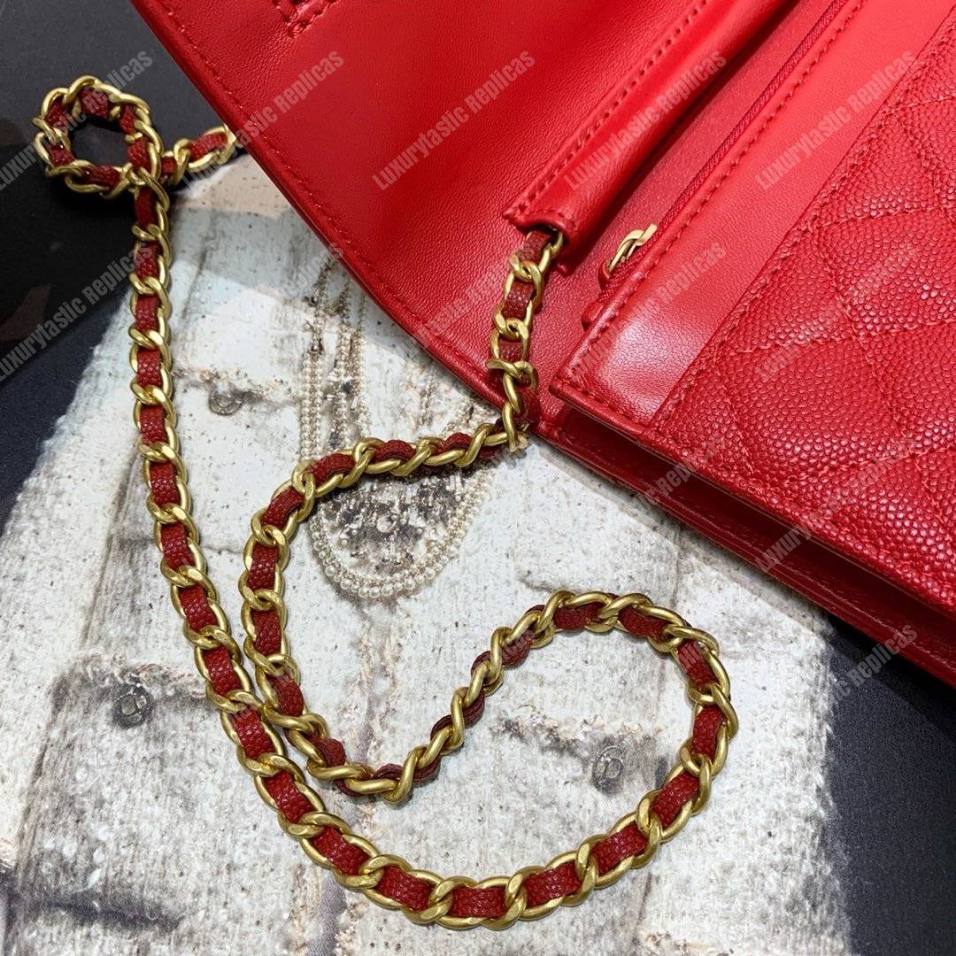 Ch*el wallet on chain – woc cc filigree red grained calfskin