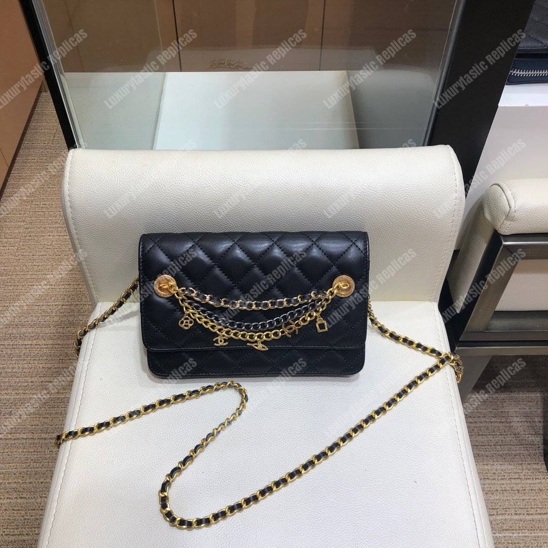 Ch*el wallet on chain – woc lambskin black braided chains