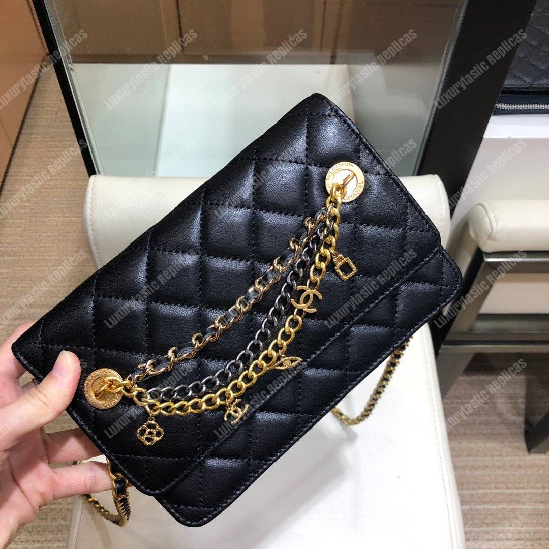 Ch*el wallet on chain – woc lambskin black braided chains