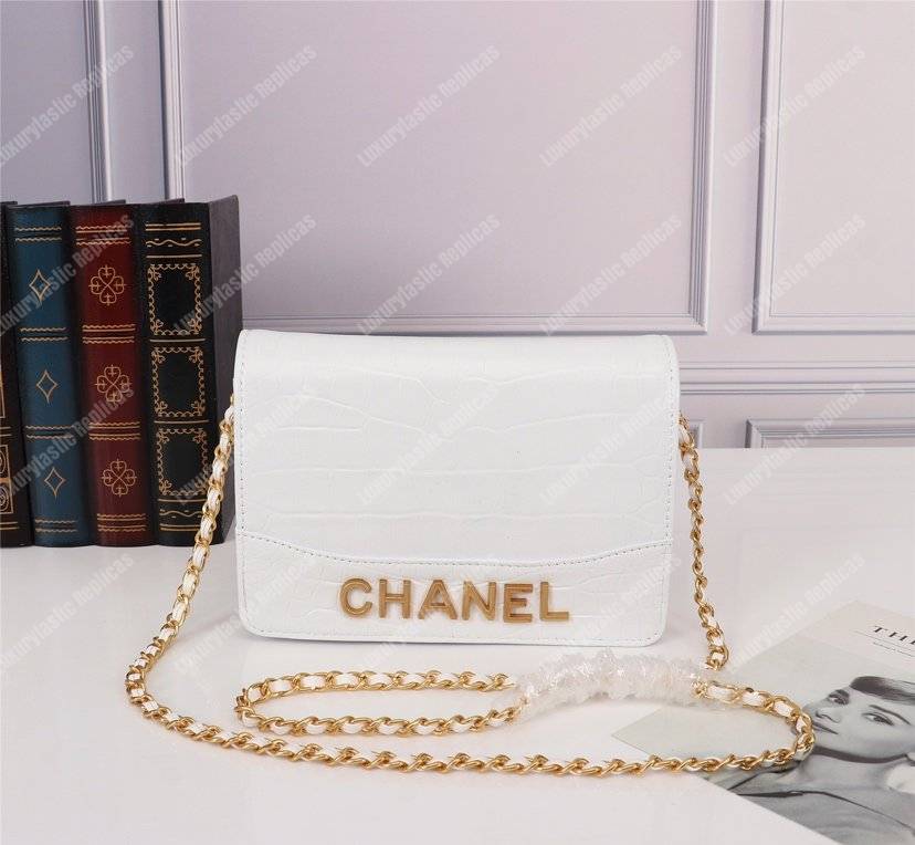 Ch*el gabrielle wallet on chain – woc crocodile embossed leather white