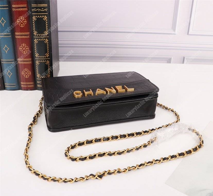 Ch*el gabrielle wallet on chain – woc crocodile embossed leather black