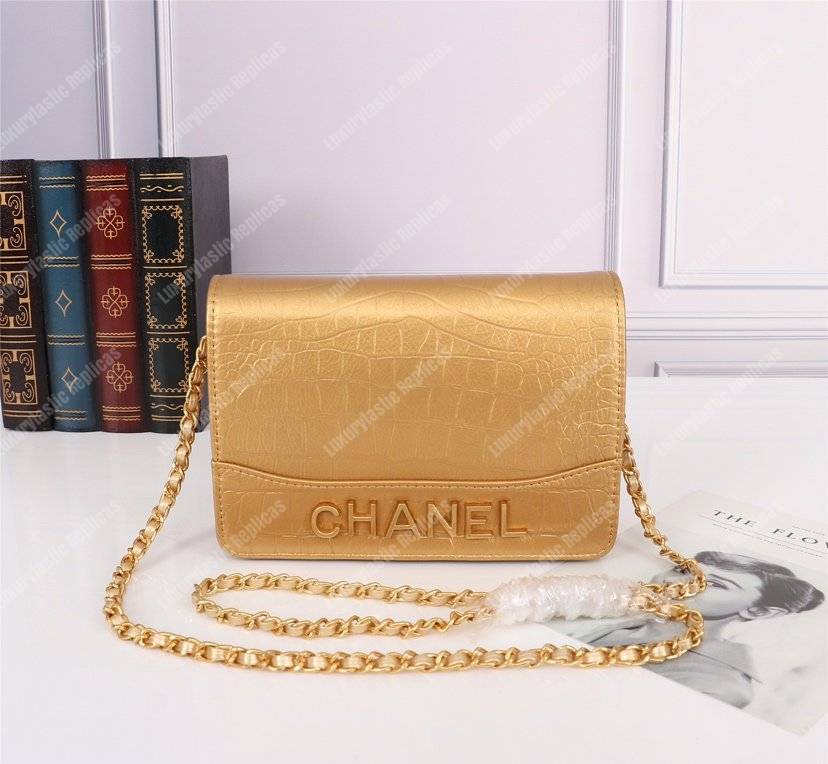 Ch*el gabrielle wallet on chain – woc crocodile embossed leather gold