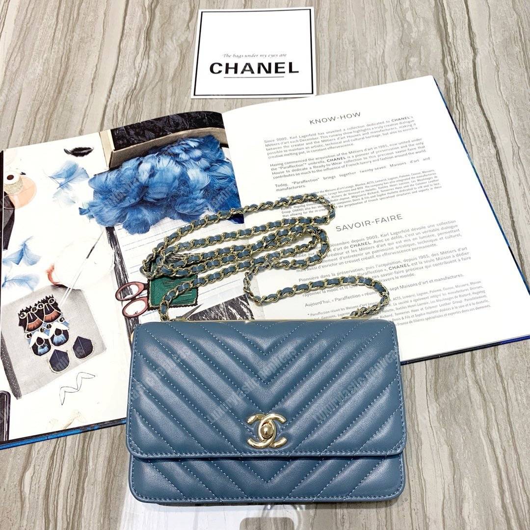 Ch*el wallet on chain – woc chevron lambskin gold-toned metal airforce blue
