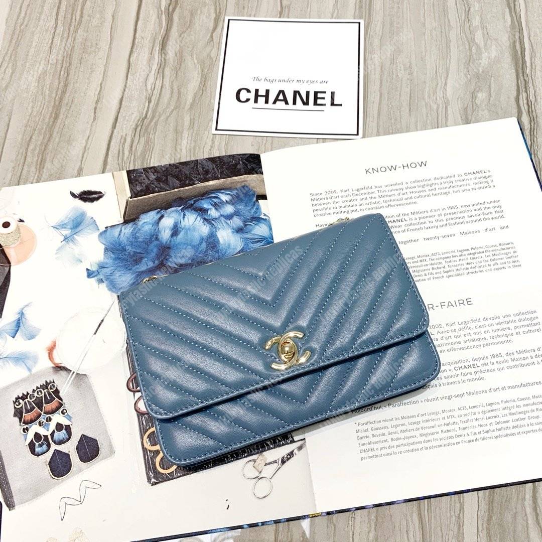 Ch*el wallet on chain – woc chevron lambskin gold-toned metal airforce blue