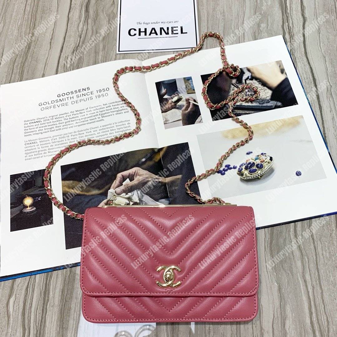 Ch*el wallet on chain – woc chevron lambskin gold-toned metal peach pink