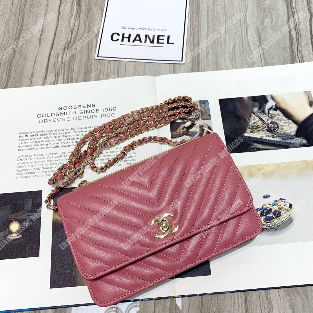 Ch*el wallet on chain – woc chevron lambskin gold-toned metal peach pink
