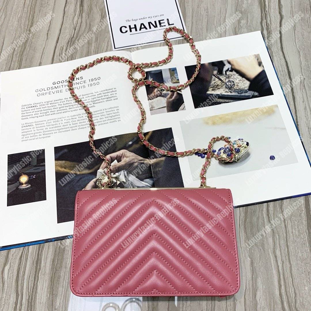 Ch*el wallet on chain – woc chevron lambskin gold-toned metal peach pink