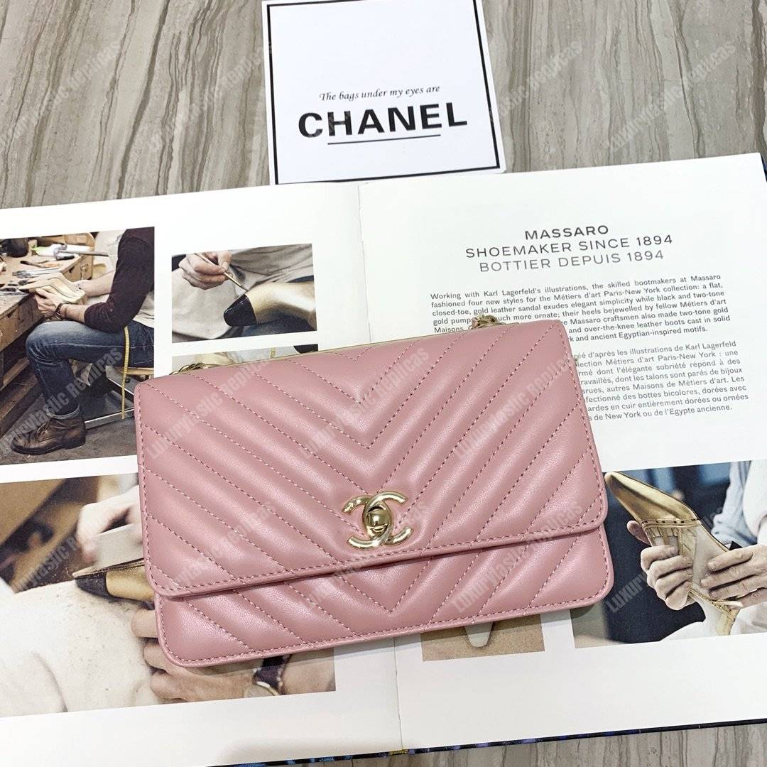 Ch*el wallet on chain – woc chevron lambskin gold-toned metal pink