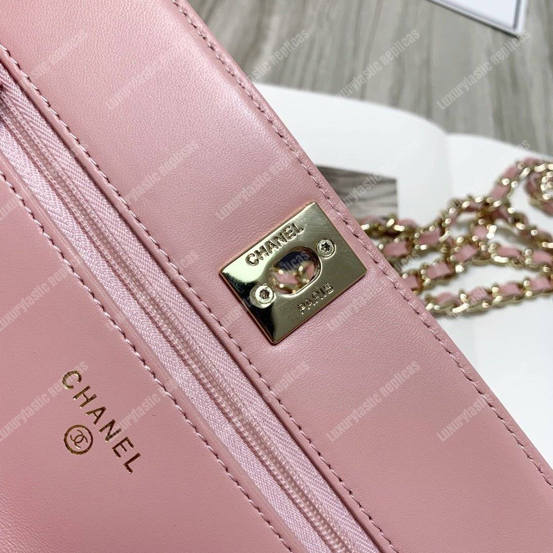 Ch*el wallet on chain – woc chevron lambskin gold-toned metal pink