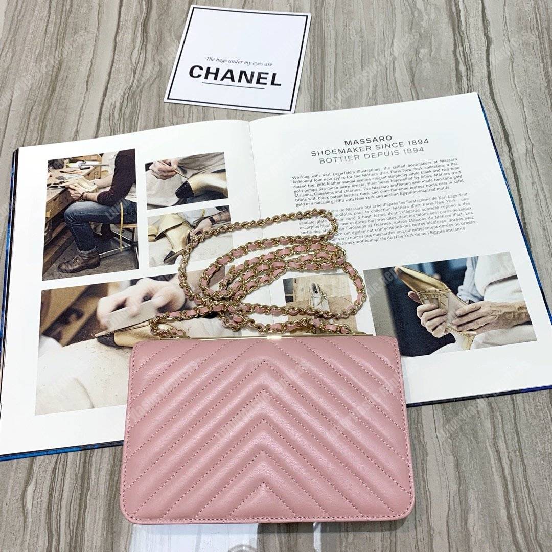 Ch*el wallet on chain – woc chevron lambskin gold-toned metal pink