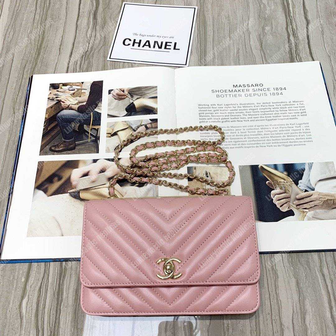 Ch*el wallet on chain – woc chevron lambskin gold-toned metal pink
