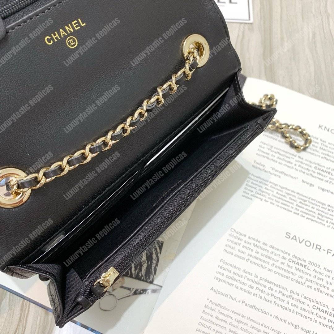 Ch*el wallet on chain – woc chevron lambskin gold-toned metal black