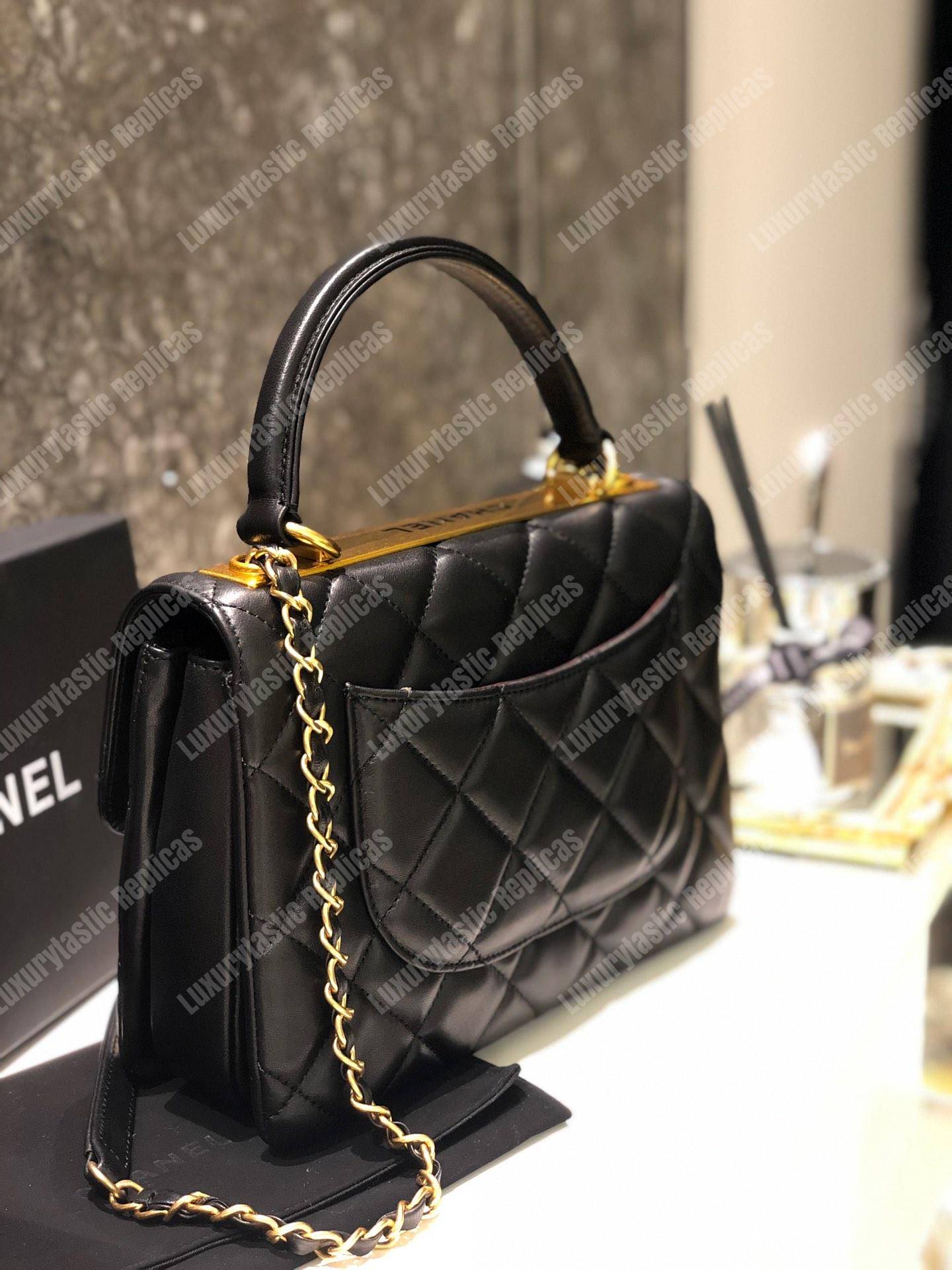 Ch*el small flap bag with top handle black-gold