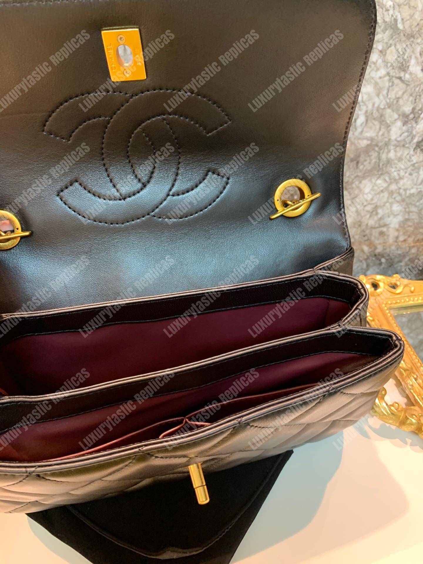 Ch*el small flap bag with top handle black-gold