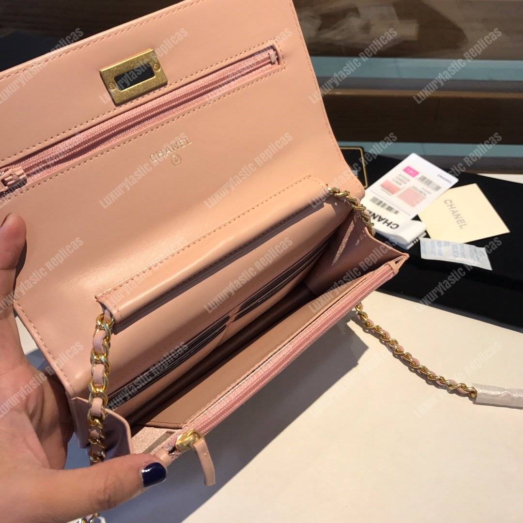 Ch*el wallet on chain – woc aged calfskin pink