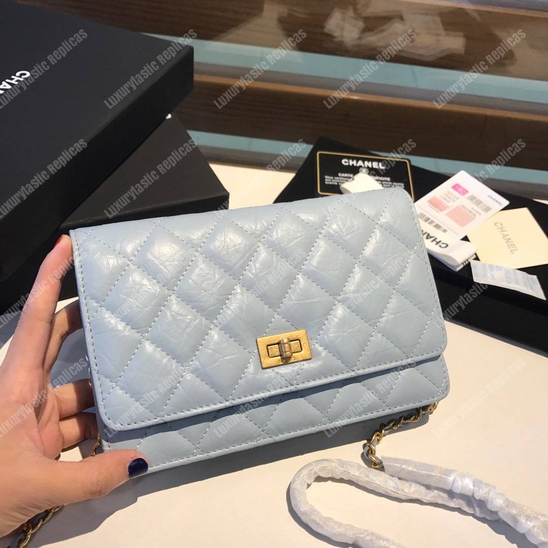 Ch*el wallet on chain – woc aged calfskin light blue