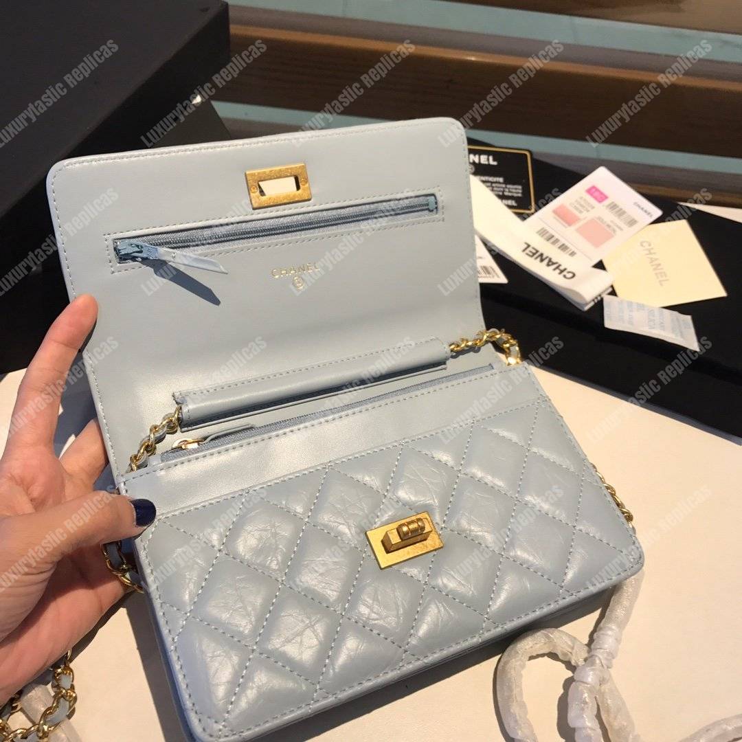 Ch*el wallet on chain – woc aged calfskin light blue