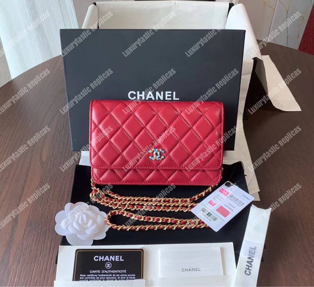 Ch*el wallet on chain – woc lambskin gold-toned metal red