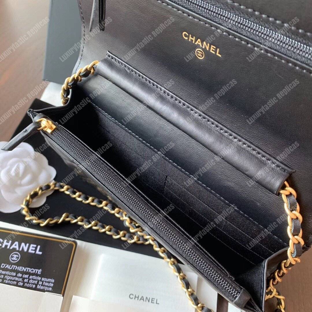 Ch*el wallet on chain – woc lambskin gold-toned metal black
