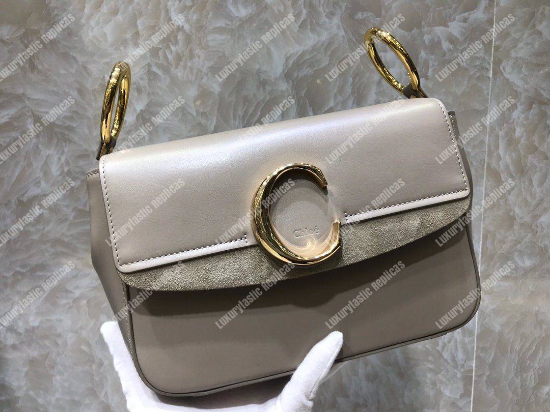 Chloe Small “C” Double Carry Bag In Shiny And Suede Calfskin Grey