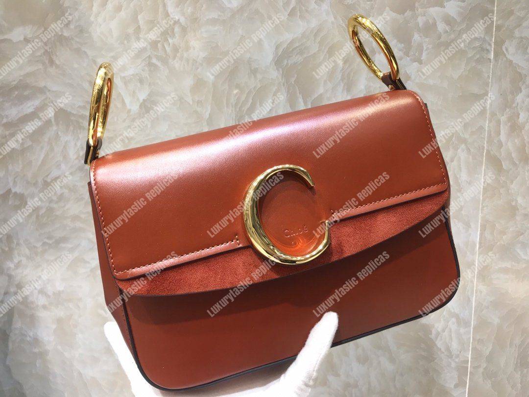Chloe Small “C” Double Carry Bag In Shiny And Suede Calfskin Brown