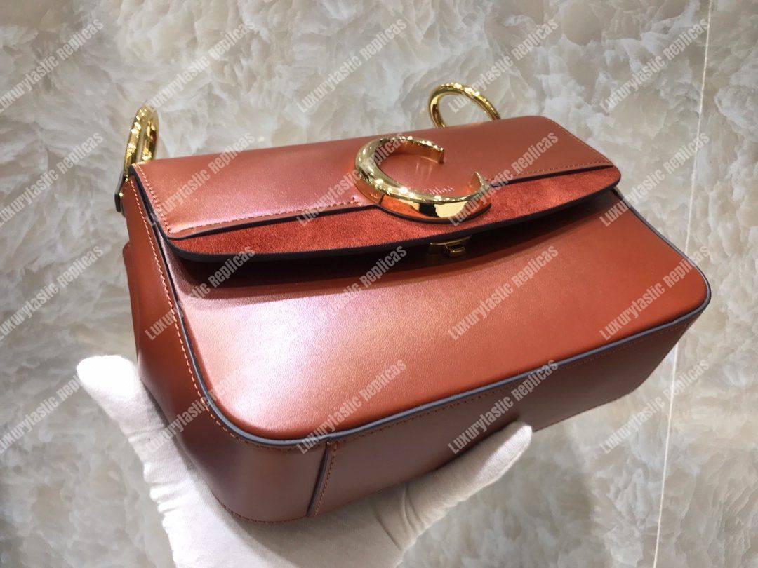 Chloe Small “C” Double Carry Bag In Shiny And Suede Calfskin Brown