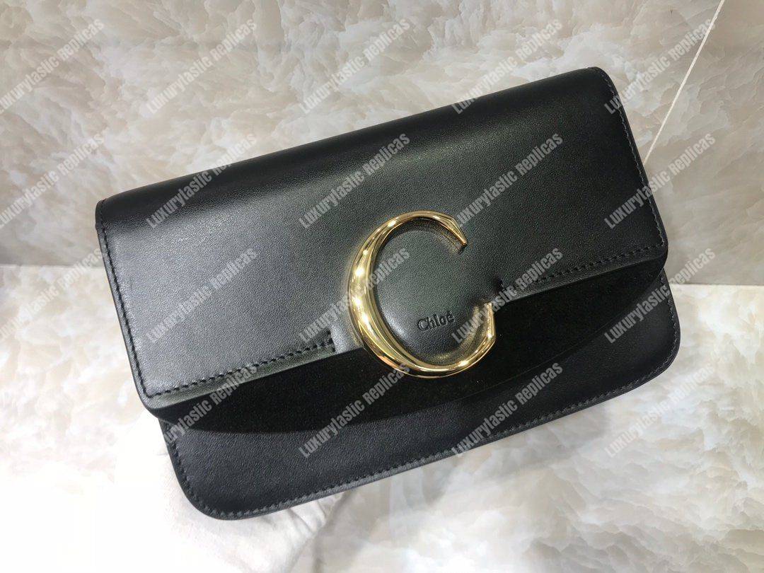 Chloe “C” Clutch With Chain In Shiny And Suede Calfskin Black
